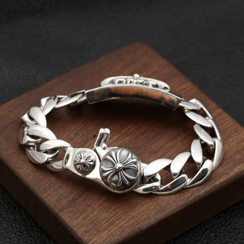 925 sterling silver handmade vintage men's bracelets American European antique silver designer jewelry thick link chain cross flower bracelets with big clip clasps