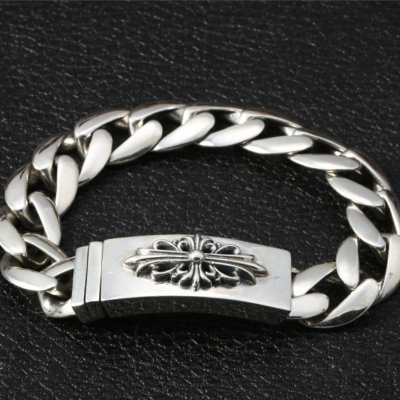 925 sterling silver handmade vintage men's bracelets American European antique silver designer jewelry thick link chain bracelets with cross flower insert clasps