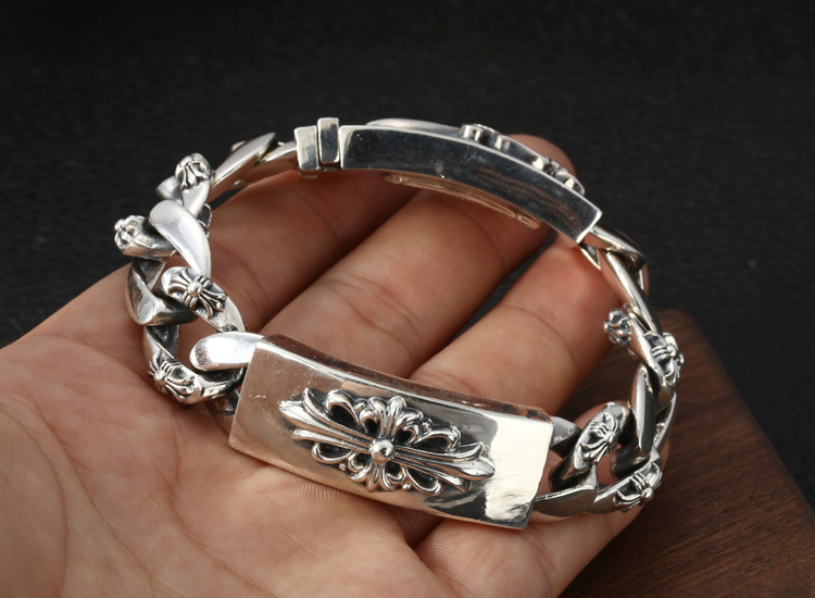 925 sterling silver handmade vintage cross flower and sword men's bracelets American European antique silver designer jewelry thick crosses link chain bracelets with insert clasps