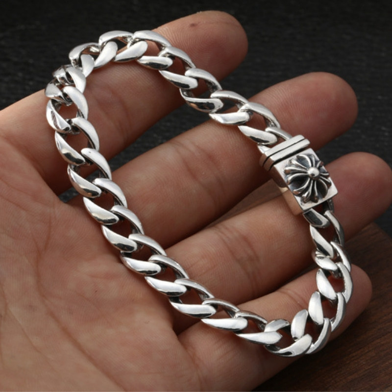 925 sterling silver handmade vintage men's bracelets American European antique silver designer jewelry thick link chain bracelets with cross insert clasps