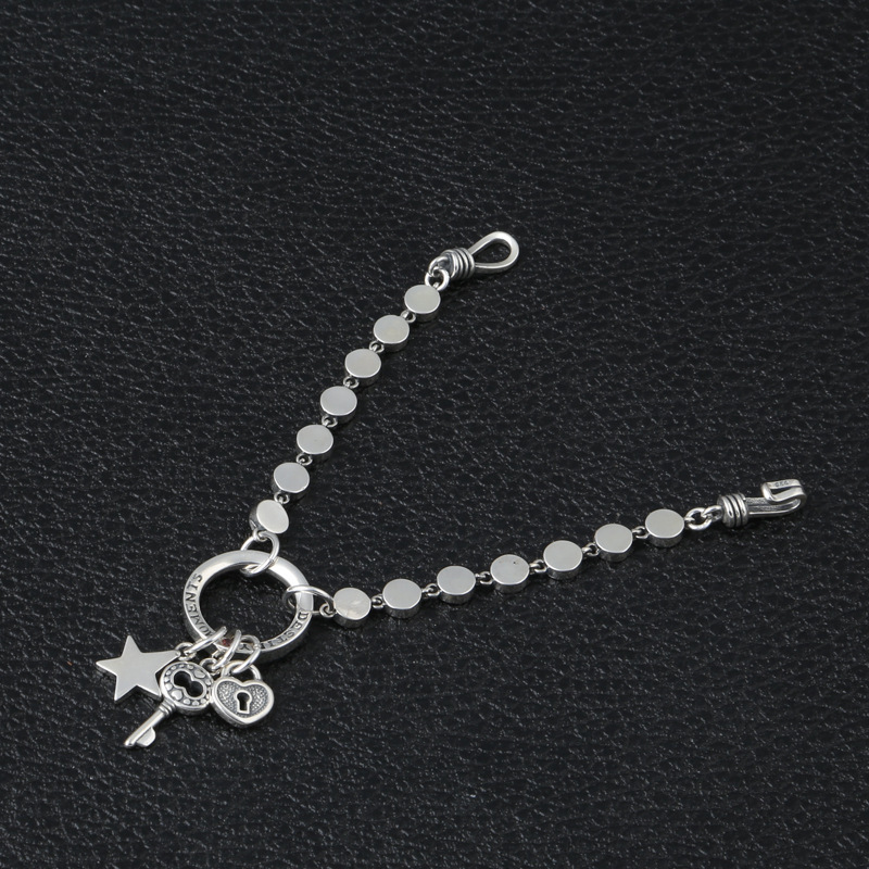 925 sterling silver handmade vintage key heart charms bracelets for men and women American European antique silver designer jewelry round parts link chain bracelets with hook clasps