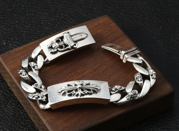 925 sterling silver handmade vintage cross flower and sword men's bracelets American European antique silver designer jewelry thick crosses link chain bracelets with insert clasps