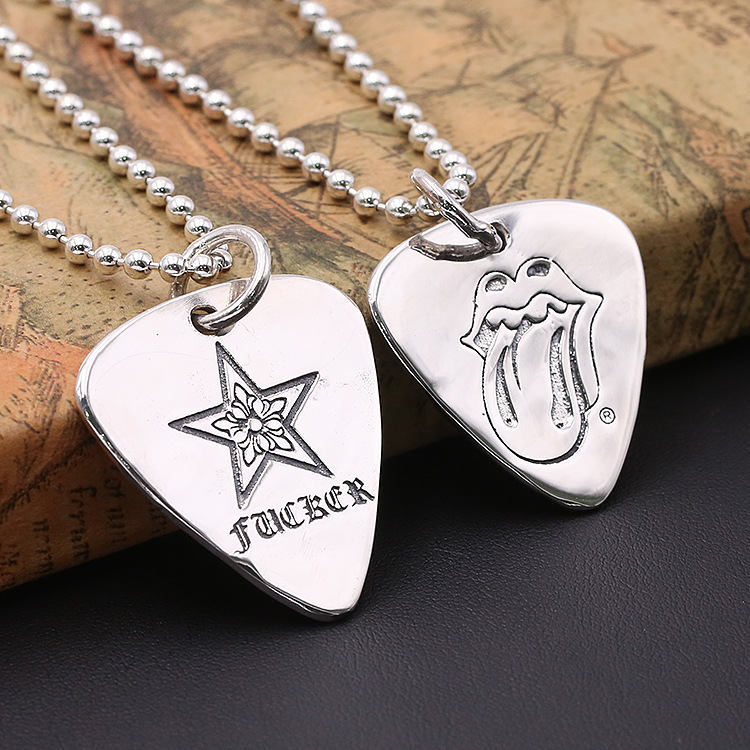 Big Mouth Five-pointed Star Guitar Picks Pendants Necklaces 925 Sterling Silver Ball Chain