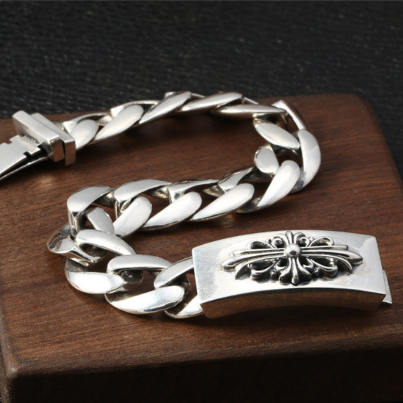 925 sterling silver handmade vintage men's bracelets American European antique silver designer jewelry thick link chain bracelets with cross flower insert clasps