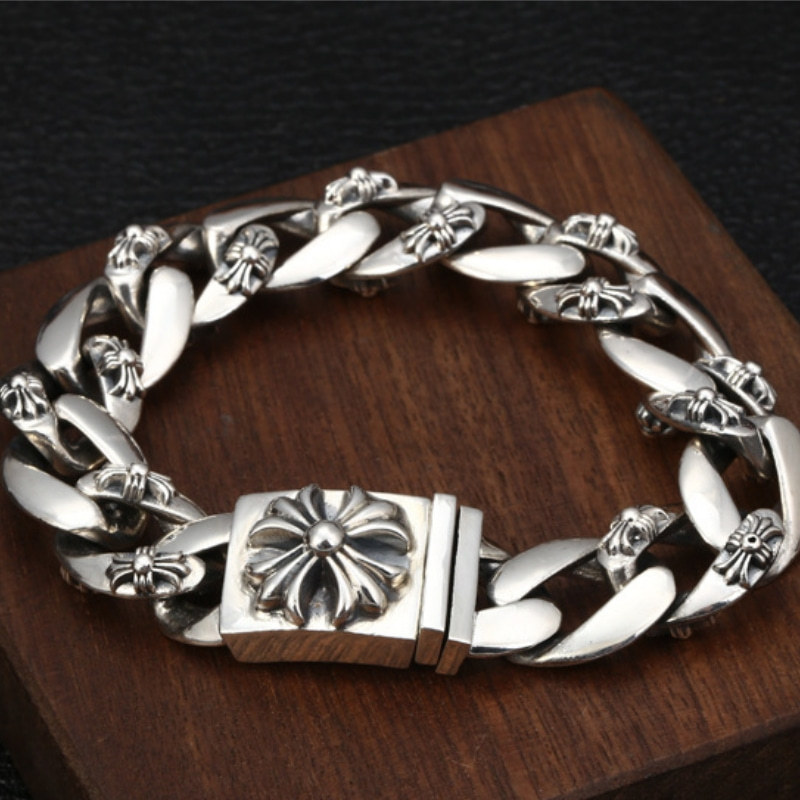 925 sterling silver handmade vintage men's bracelets American European antique silver designer jewelry thick crosses link chain bracelets with cross insert clasps