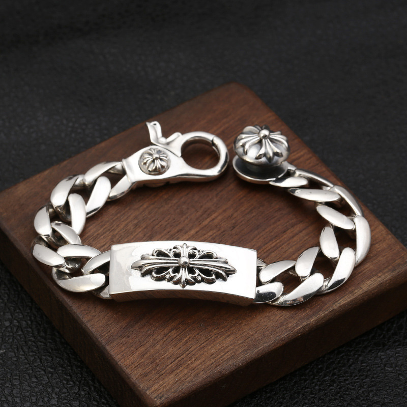 925 sterling silver handmade vintage men's bracelets American European antique silver designer jewelry thick link chain cross flower bracelets with big clip clasps