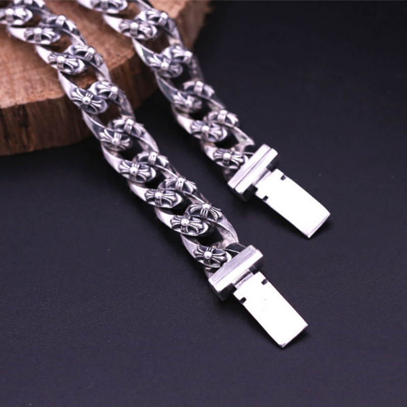 925 sterling silver handmade vintage men's bracelets with white stones American European antique silver designer jewelry thick crosses link chain cross flower and sowrd bracelets with insert clasps