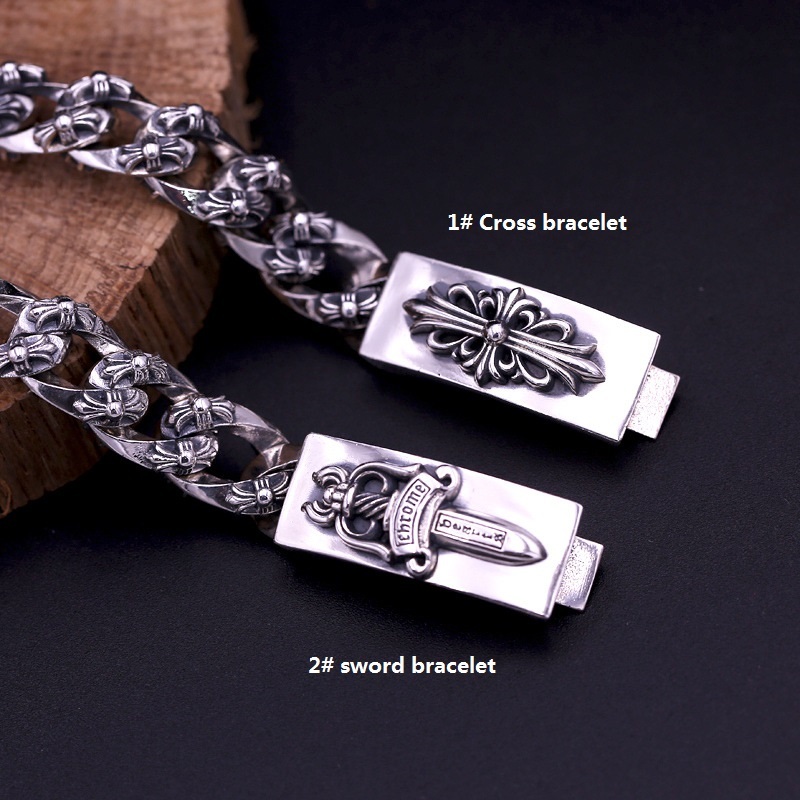 925 sterling silver handmade vintage men's bracelets American European antique silver designer jewelry thick crosses link chain bracelets with cross flower and sword insert clasps