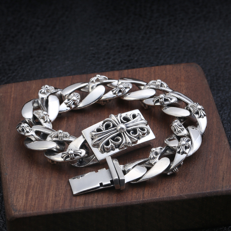 925 sterling silver handmade vintage men's bracelets American European antique silver designer jewelry thick crosses link chain bracelets with insert clasps