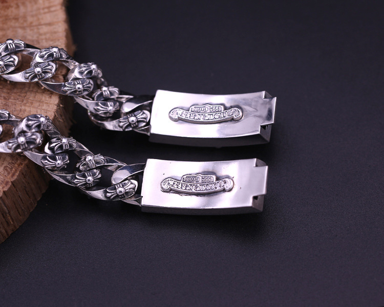 925 sterling silver handmade vintage men's bracelets American European antique silver designer jewelry thick crosses link chain bracelets with cross flower and sword insert clasps