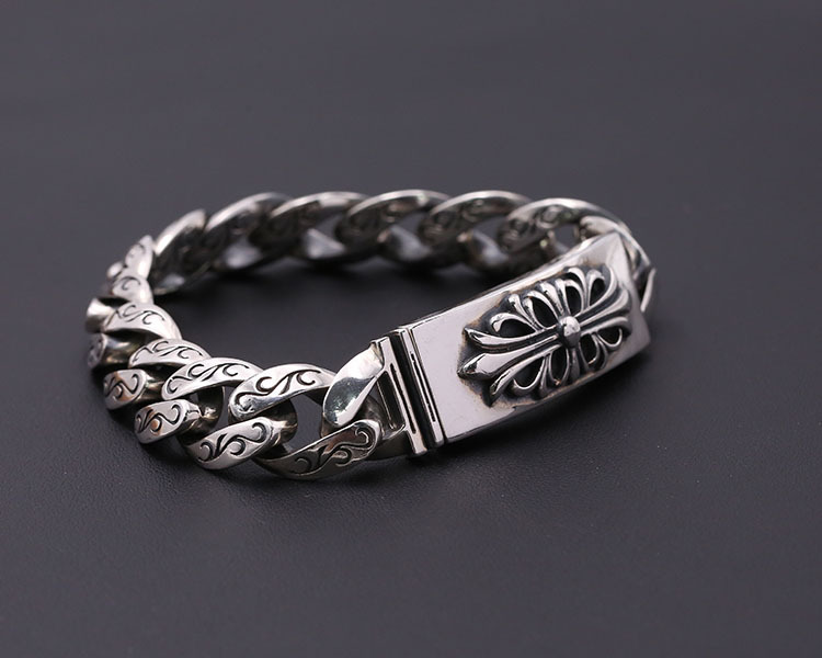 925 sterling silver handmade vintage men's bracelets American European antique silver designer jewelry thick scroll link chain bracelets with cross flower insert clasps