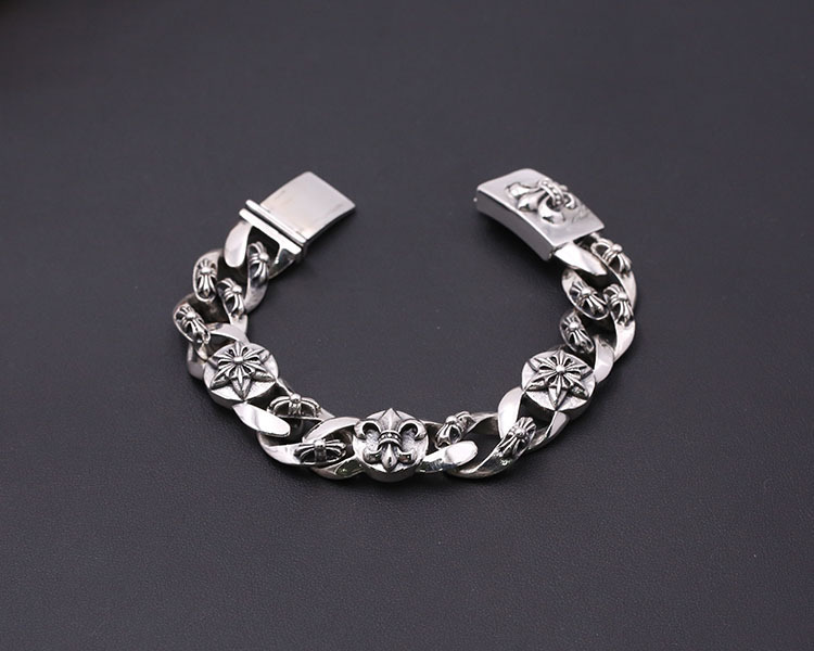 925 sterling silver handmade vintage men's bracelets American European antique silver designer jewelry thick crosses link chain six-pointed stars anchorbracelets with insert clasps