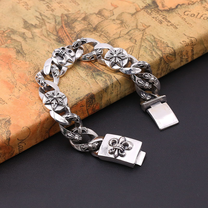 925 sterling silver handmade vintage men's bracelets American European antique silver designer jewelry thick crosses link chain six-pointed stars anchorbracelets with insert clasps