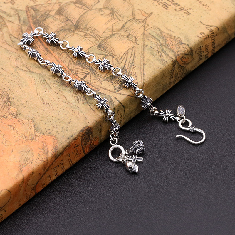925 sterling silver handmade vintage bracelets for men and women American European antique silver designer jewelry crosses link chain bracelets with hook clasps