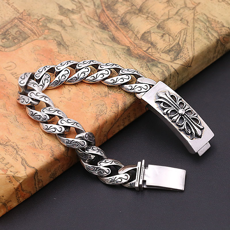 925 sterling silver handmade vintage men's bracelets American European antique silver designer jewelry thick scroll link chain bracelets with cross flower insert clasps