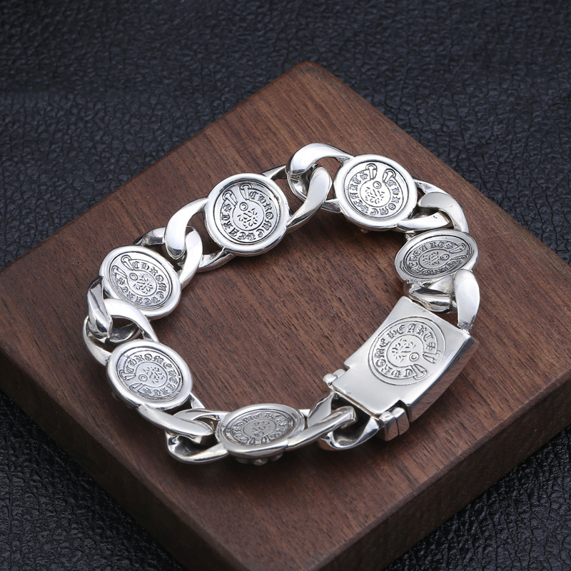 925 sterling silver handmade vintage men's bracelets American European antique silver designer jewelry thick crosses link chain bracelets with insert clasps