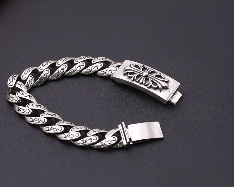 925 sterling silver handmade vintage men's bracelets American European antique silver designer jewelry thick scroll link chain bracelets with cross flower insert clasps