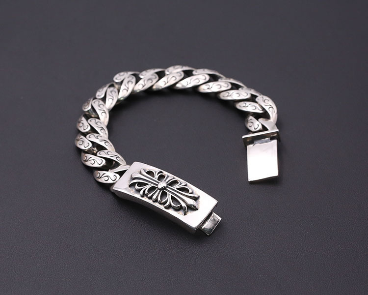 925 sterling silver handmade vintage men's bracelets American European antique silver designer jewelry thick scroll link chain bracelets with cross flower insert clasps