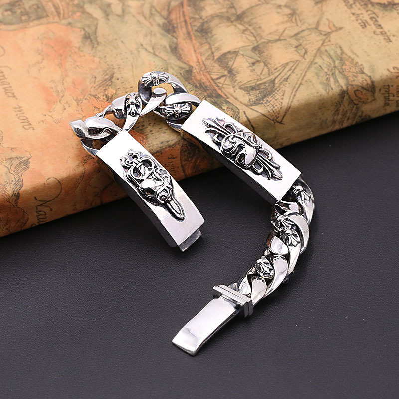 925 sterling silver handmade vintage men's bracelets American European antique silver designer jewelry thick crosses link chain hearts swords bracelets with insert clasps