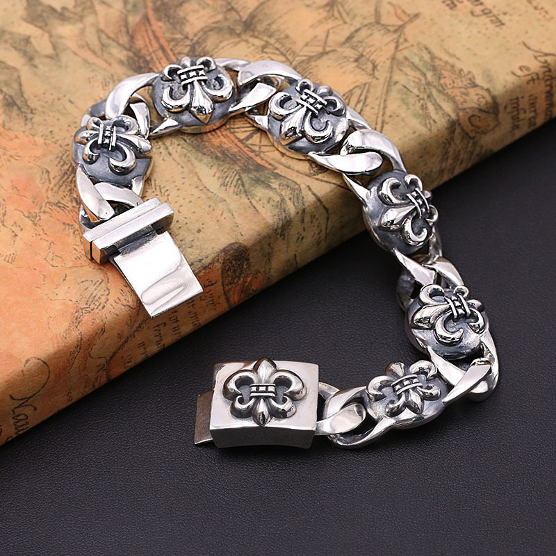 925 sterling silver handmade vintage men's bracelets American European antique silver designer jewelry thick anchors link chain bracelets with insert clasps