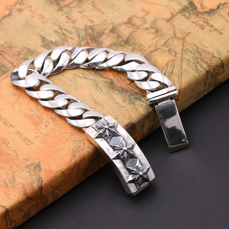 925 sterling silver handmade vintage men's bracelets American European antique silver designer jewelry thick link chain six-pointed bracelets with insert clasps