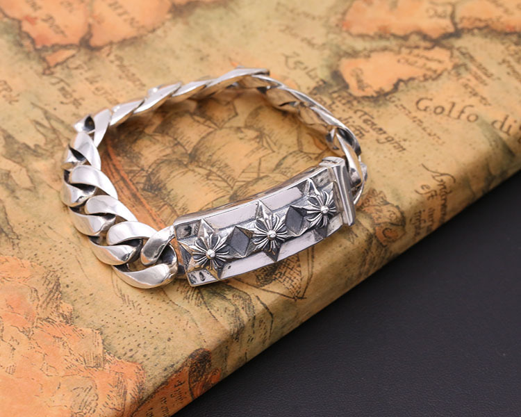 925 sterling silver handmade vintage men's bracelets American European antique silver designer jewelry thick link chain six-pointed bracelets with insert clasps