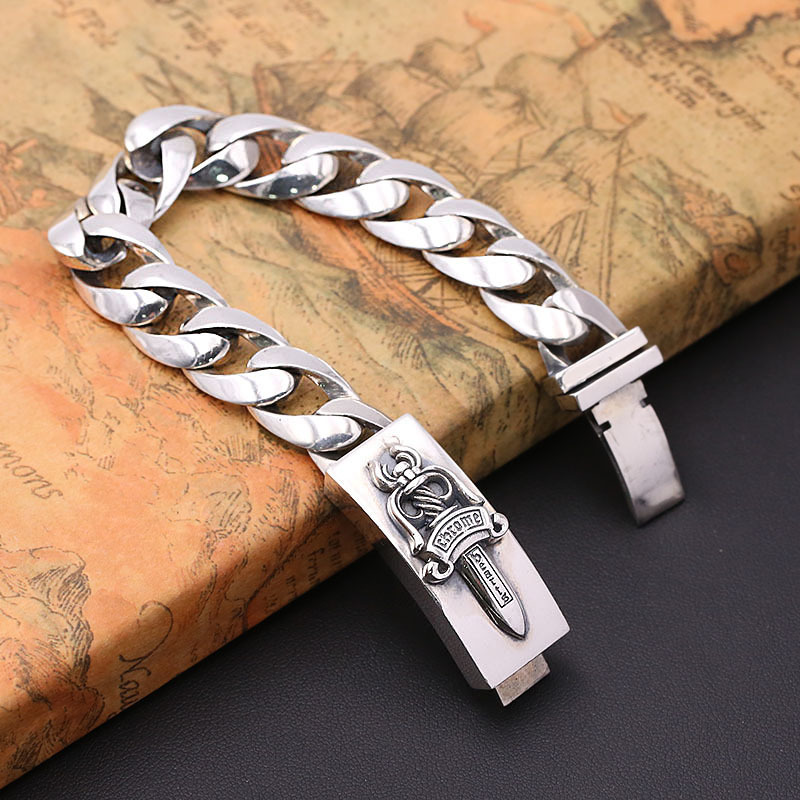 925 sterling silver handmade vintage men's bracelets American European antique silver designer jewelry thick link chain sword bracelets with insert clasps