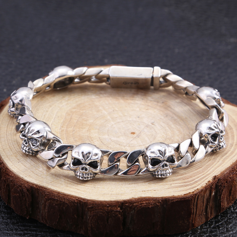 925 sterling silver handmade vintage men's bracelets American European antique silver designer jewelry thick link chain skull skeleton bracelets with insert clasps