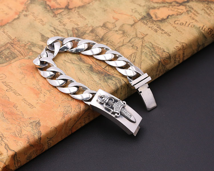 925 sterling silver handmade vintage men's bracelets American European antique silver designer jewelry thick link chain sword bracelets with insert clasps