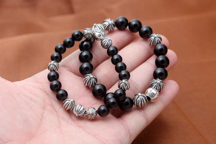 925 sterling silver handmade vintage elastic bracelets American European antique silver designer jewelry black agate beads bracelets with cross balls