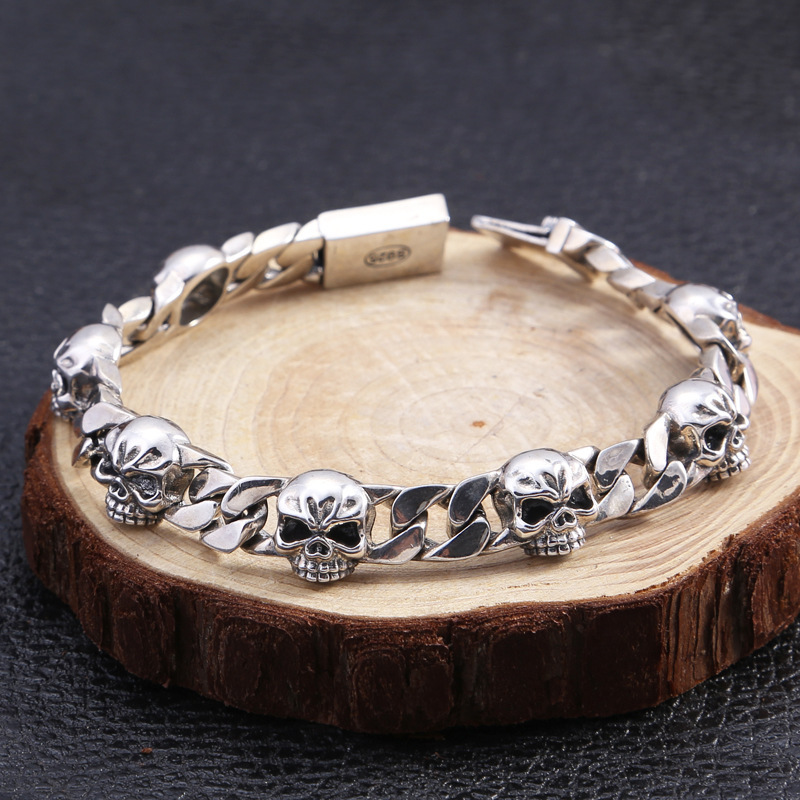 925 sterling silver handmade vintage men's bracelets American European antique silver designer jewelry thick link chain skull skeleton bracelets with insert clasps