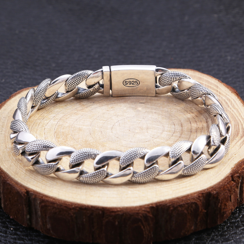 925 sterling silver handmade vintage men's bracelets American European antique silver designer jewelry thick textured link chain bracelets with insert clasps