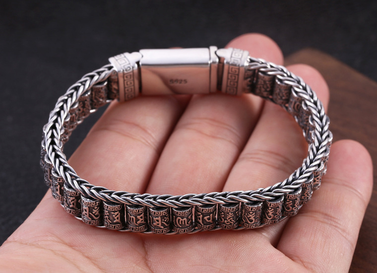 925 sterling silver handmade vintage men's bracelets American European antique silver designer jewelry thick braided wire link chain bracelets with insert clasps