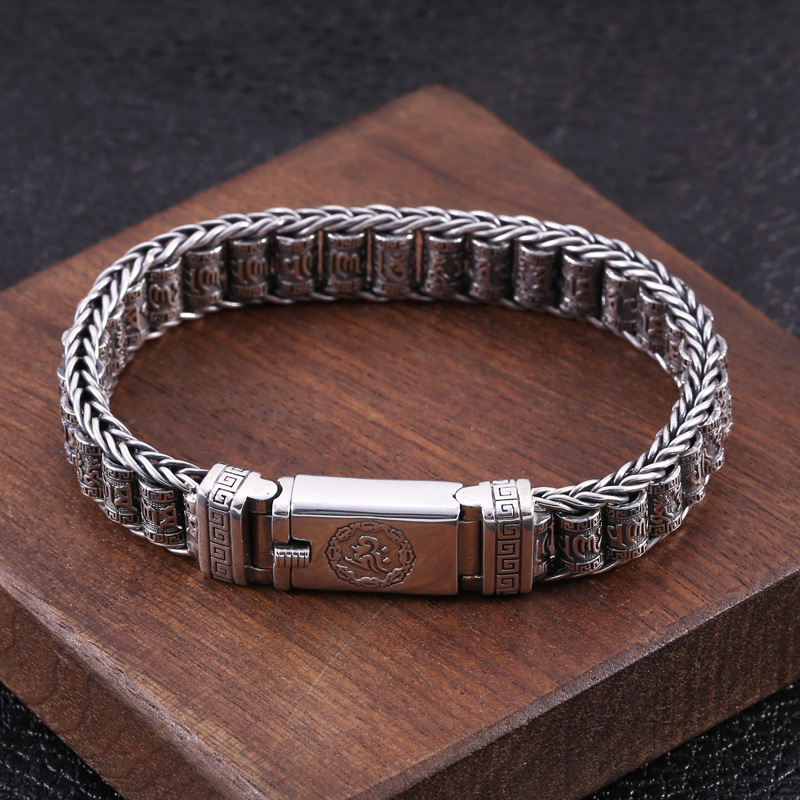 925 sterling silver handmade vintage men's bracelets American European antique silver designer jewelry thick braided wire link chain bracelets with insert clasps