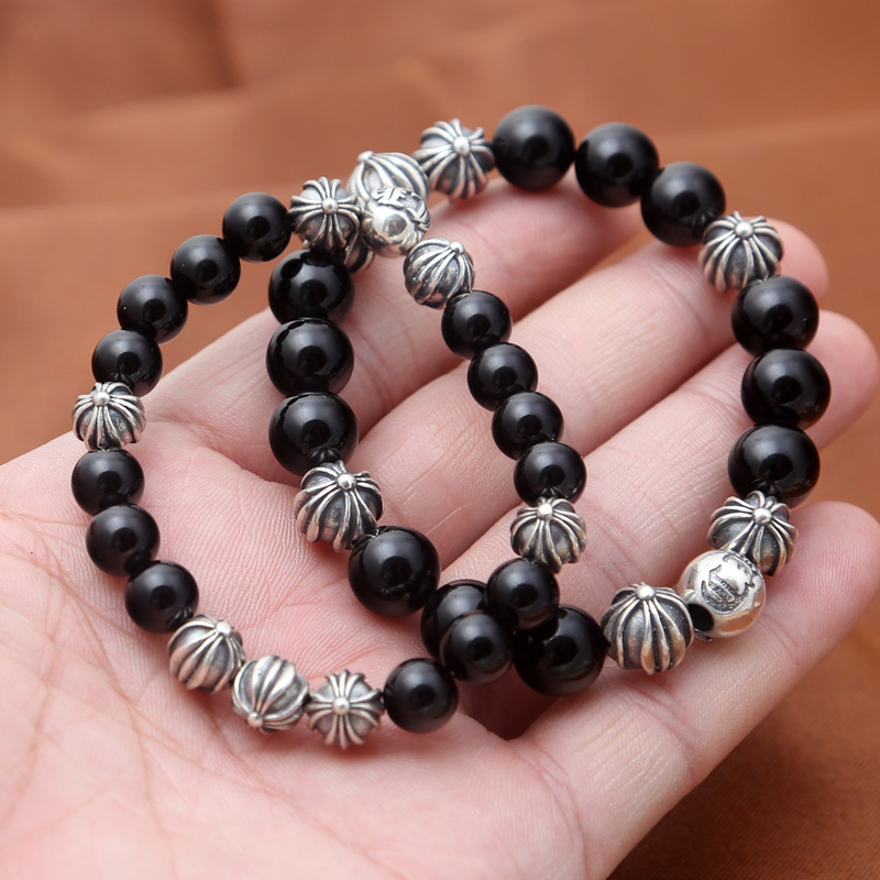 925 sterling silver handmade vintage elastic bracelets American European antique silver designer jewelry black agate beads bracelets with cross balls