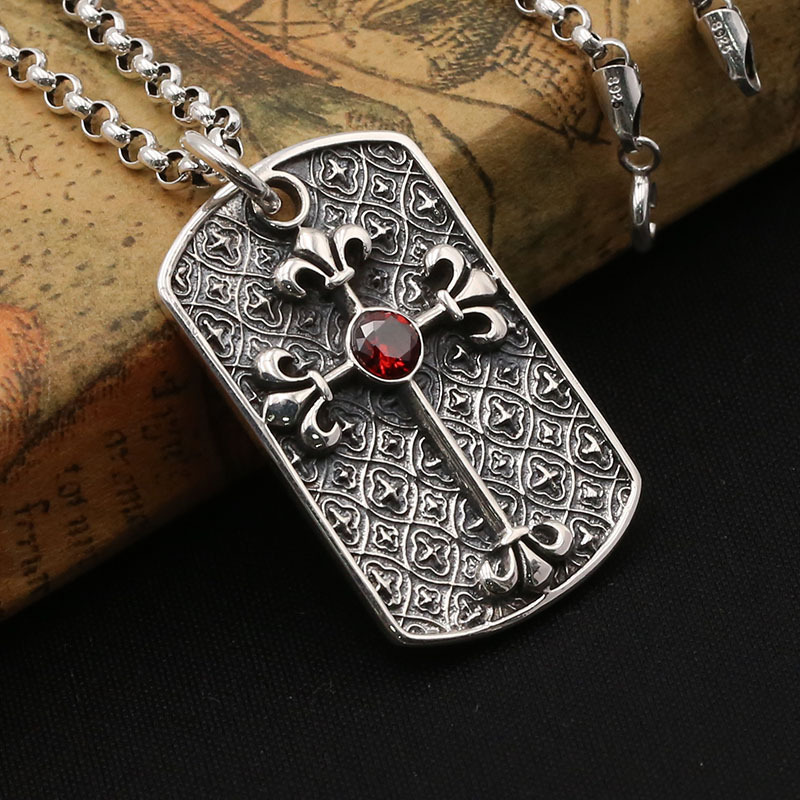 Cross Badge Pendant Necklaces Red Stone 925 Sterling Silver Ball chain Vintage Gothic Punk Hip-hop fashion Timeless Jewelry Accessories Gifts For Men Women 45 50 55 cm