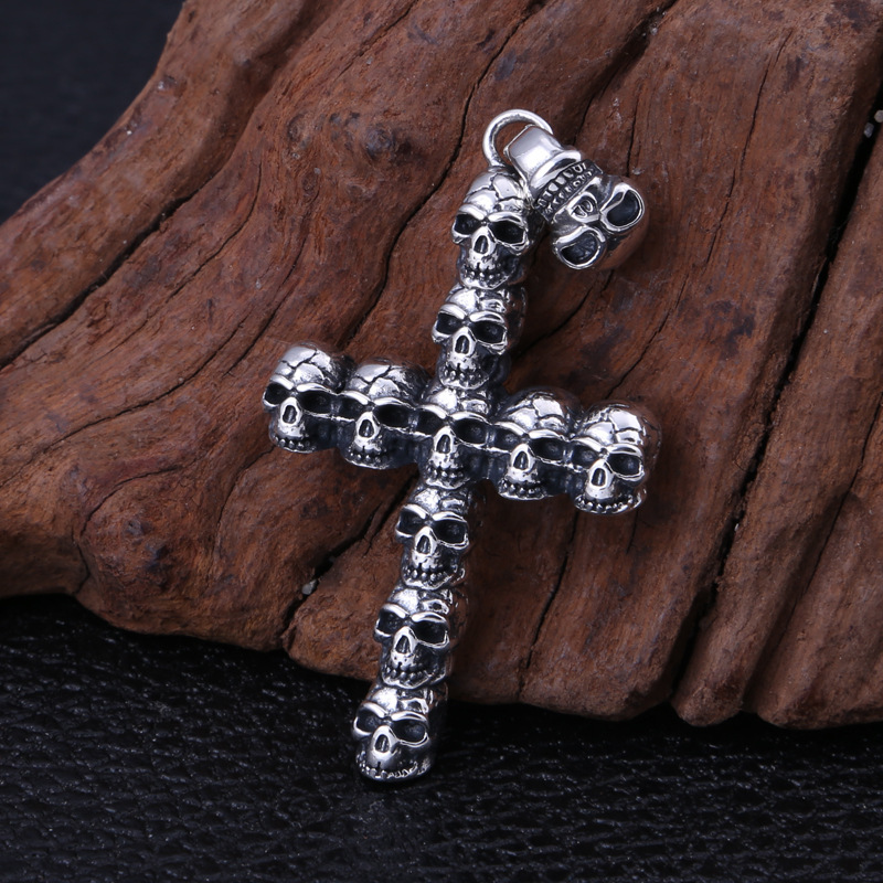 925 sterling silver handmade vintage gothic punk style jewelry necklace pendant without chain American European antique silver designer skull cross pendants for men and women