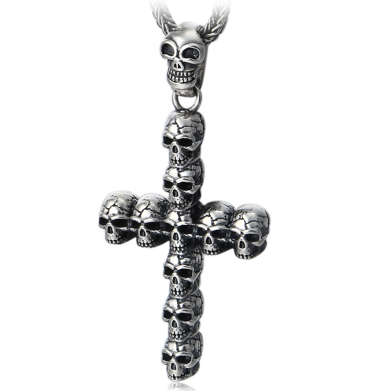 925 sterling silver handmade vintage gothic punk style jewelry necklace pendant without chain American European antique silver designer skull cross pendants for men and women