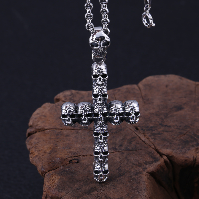 925 sterling silver handmade vintage gothic punk style jewelry necklace pendant without chain American European antique silver designer skull cross pendants for men and women