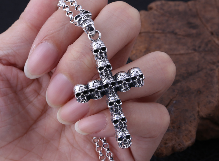 925 sterling silver handmade vintage gothic punk style jewelry necklace pendant without chain American European antique silver designer skull cross pendants for men and women