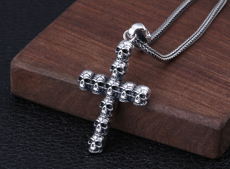 925 sterling silver handmade vintage gothic punk style jewelry necklace pendant without chain American European antique silver designer skull cross pendants for men and women
