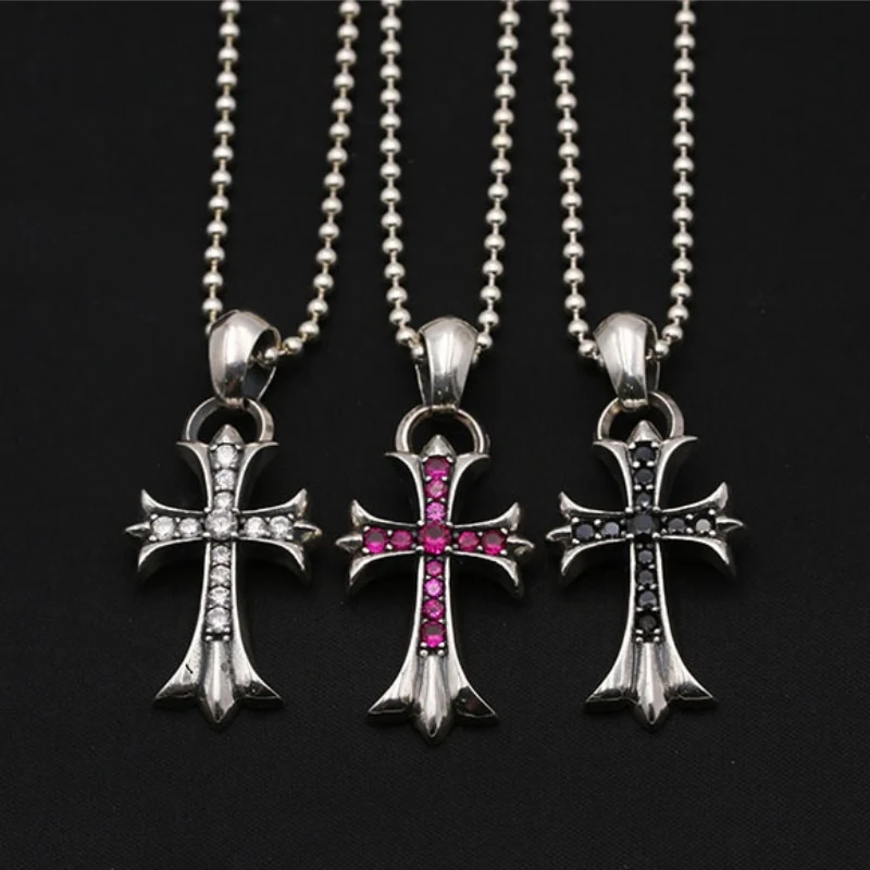 Crosses Pendant Necklaces 925 Sterling Silver Ball chain White Red Black Stones Vintage Gothic Punk Hip-hop fashion Timeless Jewelry Accessories Gifts For Men Women