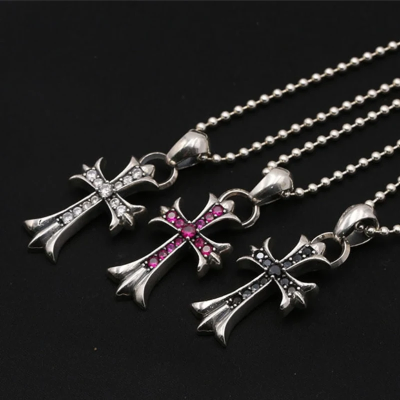 Crosses Pendant Necklaces 925 Sterling Silver Ball chain White Red Black Stones Vintage Gothic Punk Hip-hop fashion Timeless Jewelry Accessories Gifts For Men Women