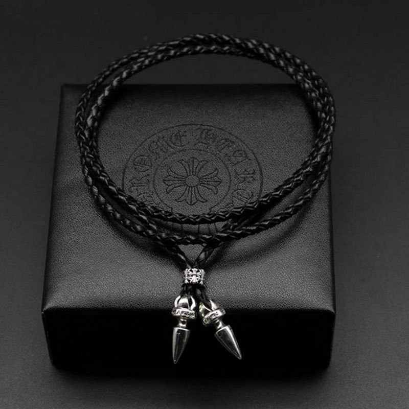 Gothic vintage style 925 sterling silver handmade black leather necklace luxury jewelry American European antique silver designer necklaces