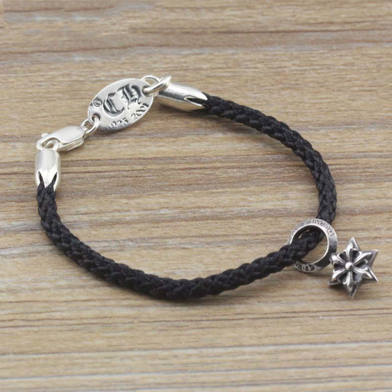 Handmade vintage jewelry braided cord bracelets with 925 sterling silver cross stars charms American European antique silver punk gothic style designer jewelry