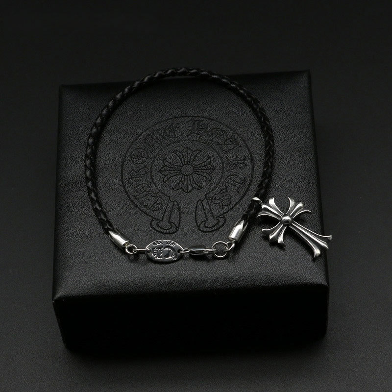925 sterling silver handmade vintage jewelry braided black leather bracelets with cross charm American European antique silver designer jewelry