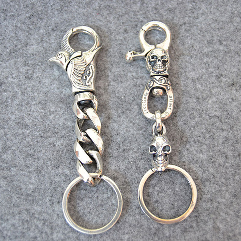 925 sterling silver handmade skeleton bird key rings American European antique silver gothic punk style designer luxury fashion accessories
