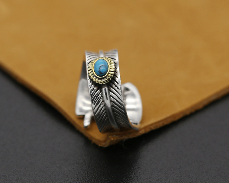 Vintage 925 sterling silver handmade feather adjustable rings with turquoise stones American European Gothic punk style antique silver designer luxury brand jewelry rings