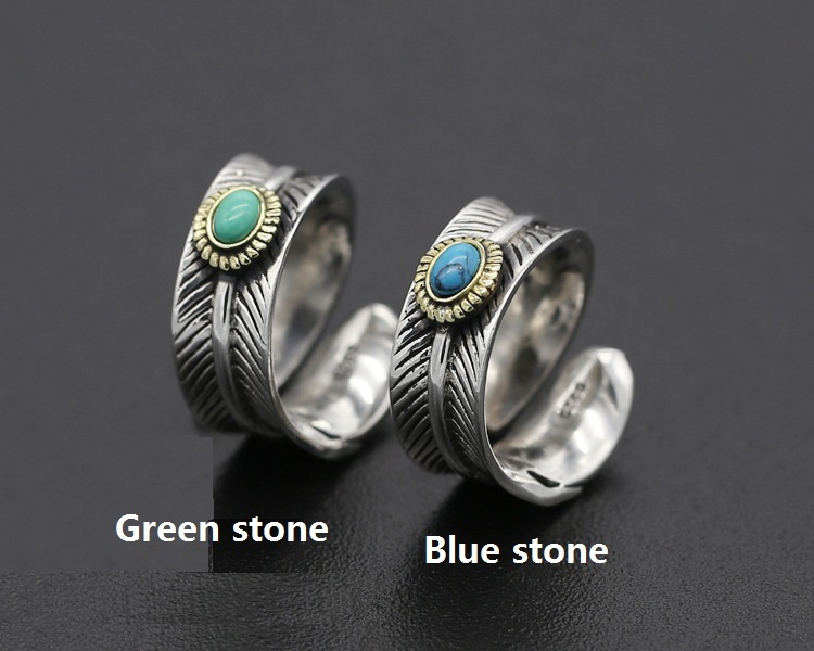 Vintage 925 sterling silver handmade feather adjustable rings with turquoise stones American European Gothic punk style antique silver designer luxury brand jewelry rings