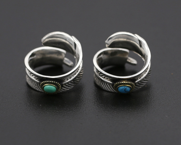 Vintage 925 sterling silver handmade feather adjustable rings with turquoise stones American European Gothic punk style antique silver designer luxury brand jewelry rings